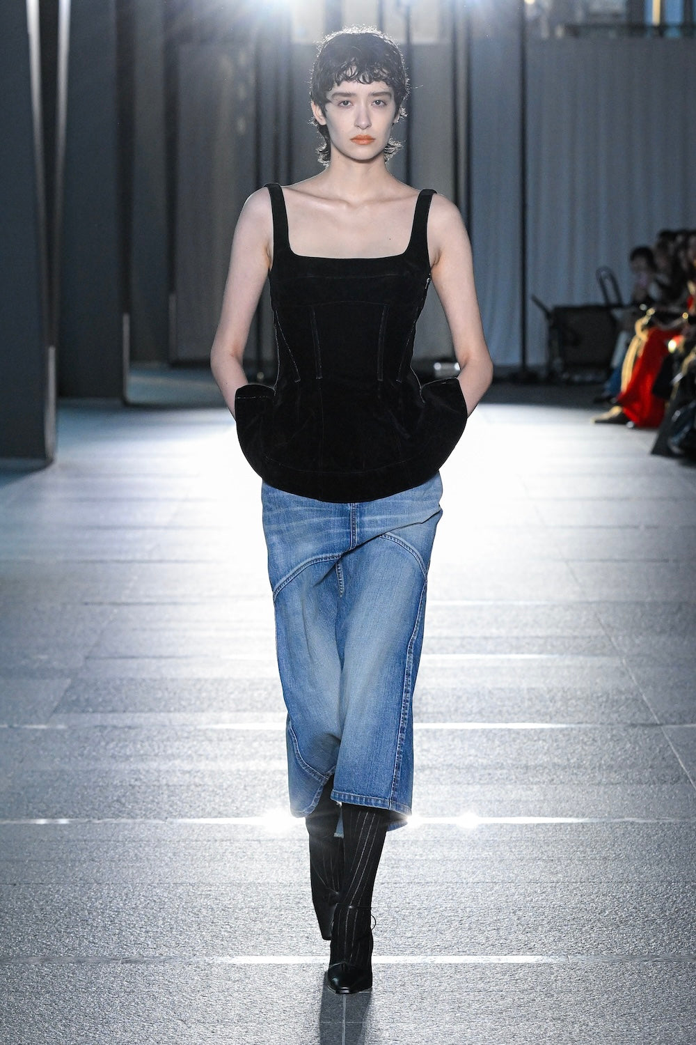 FLOCKED DENIM PEPLUM BUSTIER - FETICO