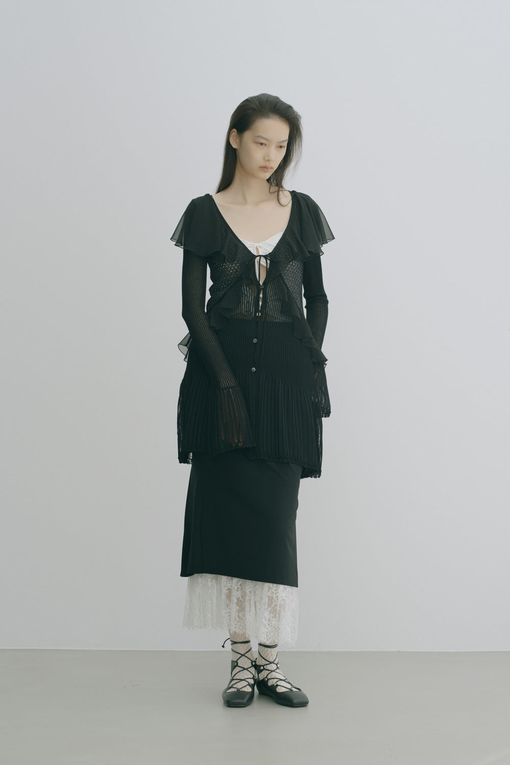 LACE KNIT LONGLINE CARDIGAN - FETICO