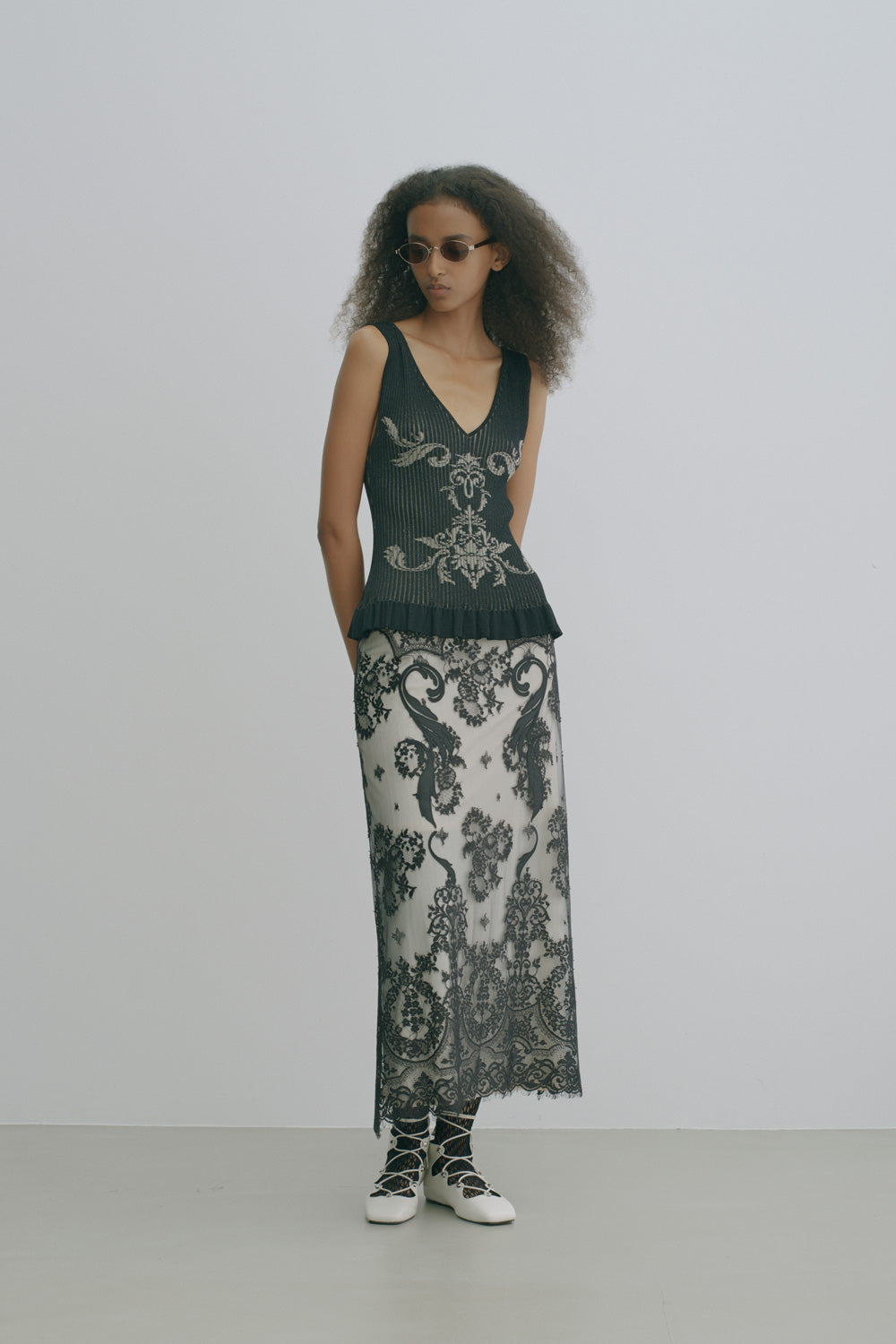 DAMASK PRINT RIB KNIT SLEEVELESS TOP - FETICO