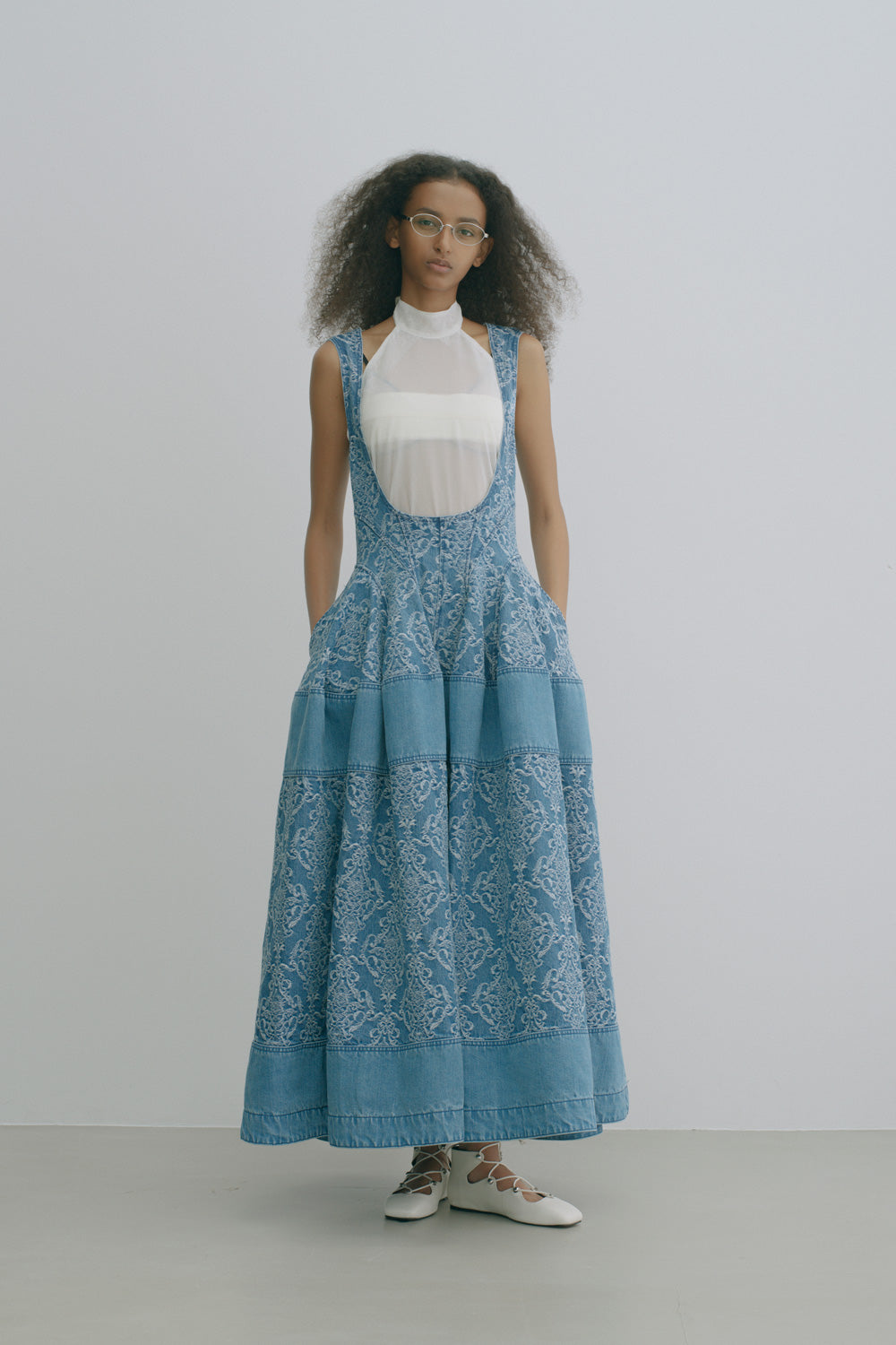 DAMASK PRINT PANELED DENIM DRESS - FETICO