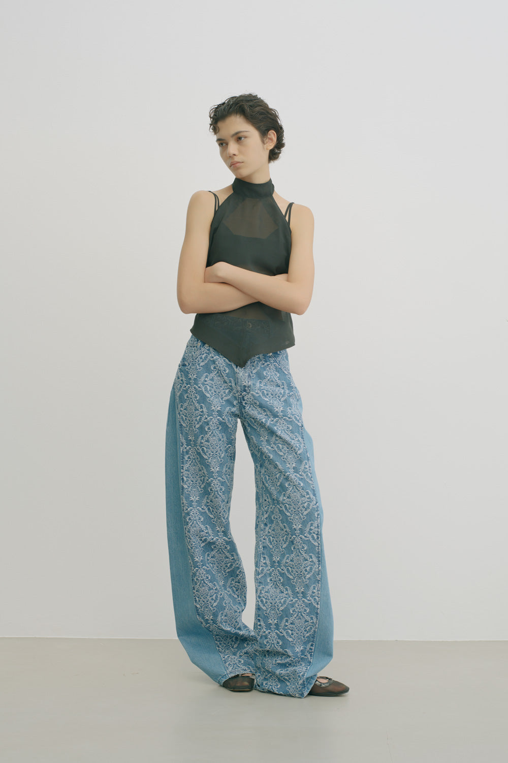DAMASK PRINT DENIM CURVE FIT HIGH RISE JEANS - FETICO