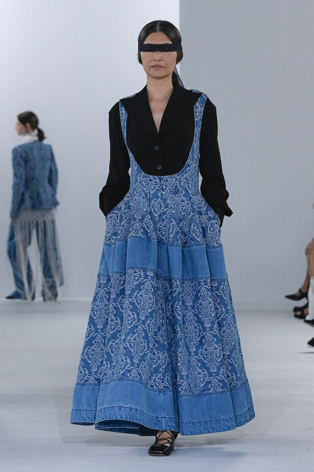 DAMASK PRINT PANELED DENIM DRESS - FETICO