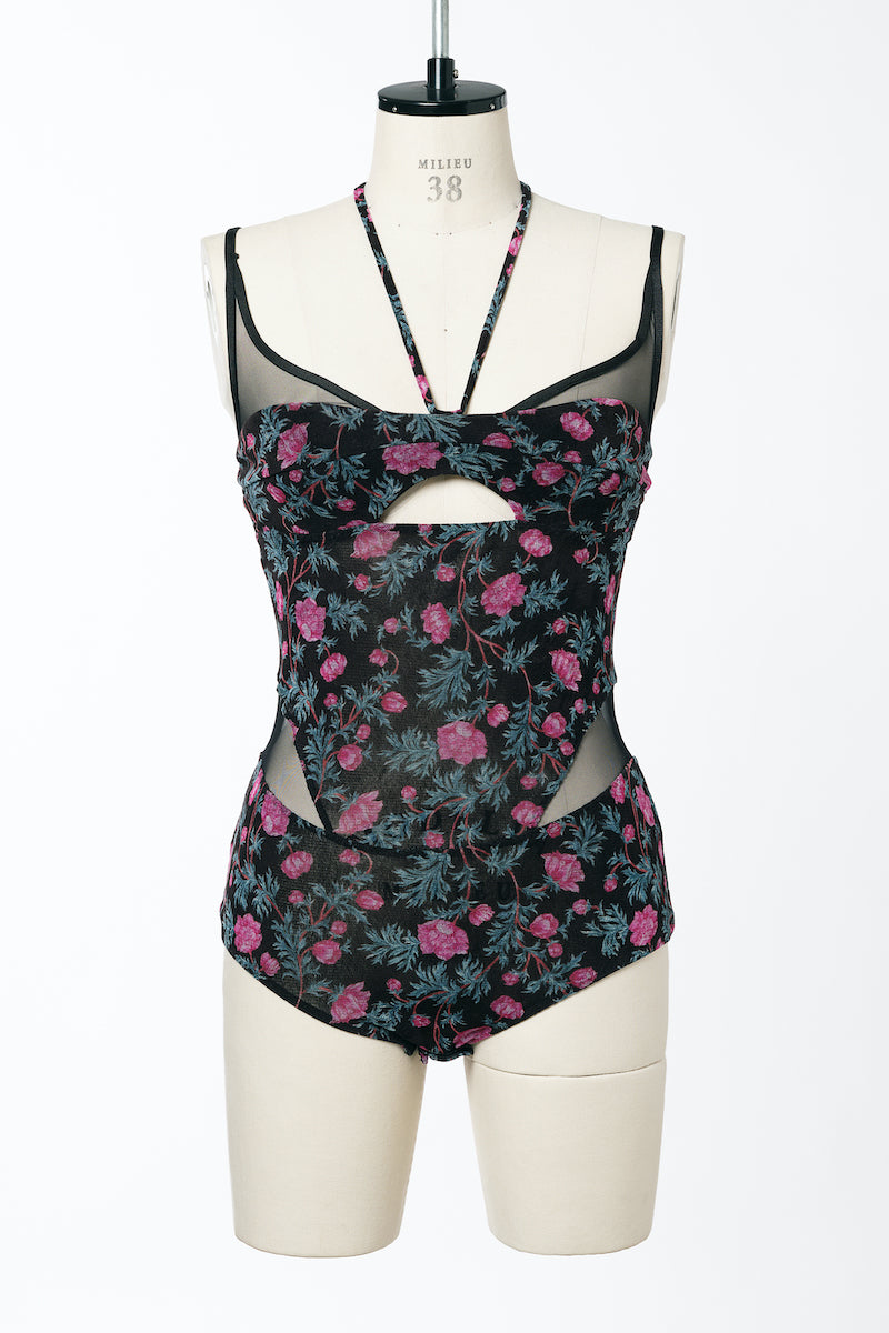 FLORAL PRINT SHEER PANELED VELOUR BODYSUTS - FETICO