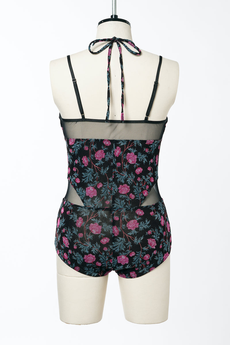 FLORAL PRINT SHEER PANELED VELOUR BODYSUTS - FETICO