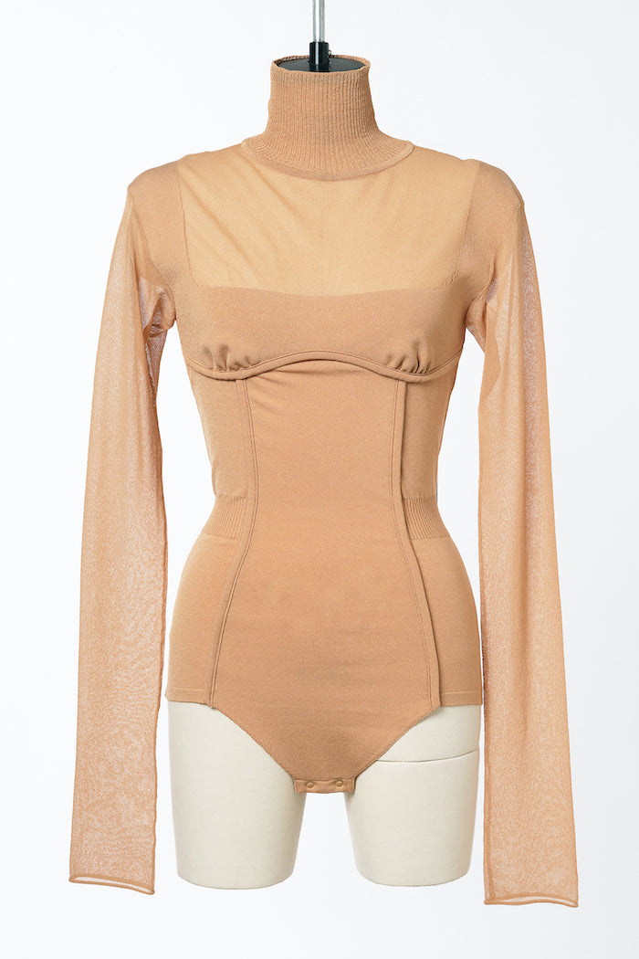 SHEER PANELED TURTLE KNIT BODYSUIT