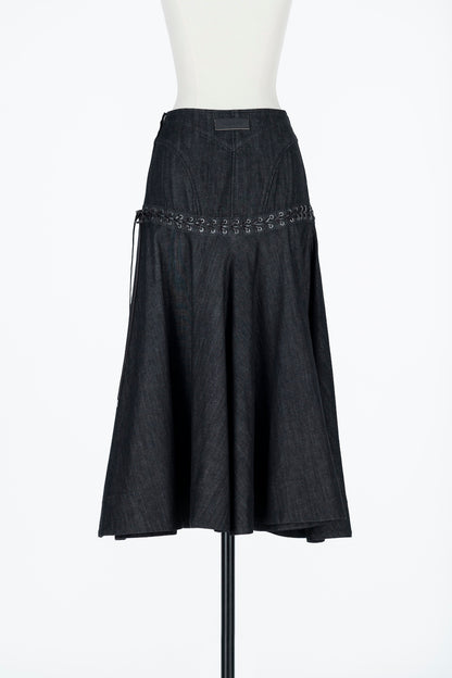 LACE UP DENIM FLARE SKIRT - FETICO
