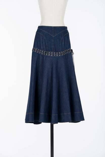 LACE UP DENIM FLARE SKIRT - FETICO