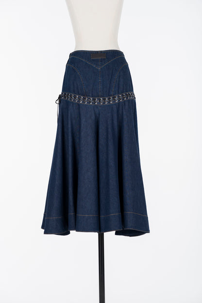 LACE UP DENIM FLARE SKIRT - FETICO