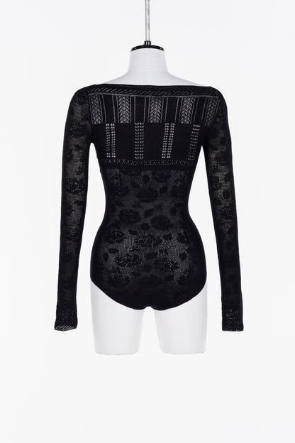 ROSE PATTERN LACE KNIT BODYSUIT - FETICO