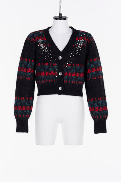 JACQUARD KNIT V NECK CARDIGAN - FETICO