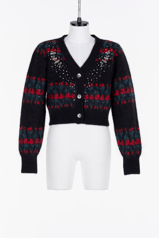 JACQUARD KNIT V NECK CARDIGAN - FETICO