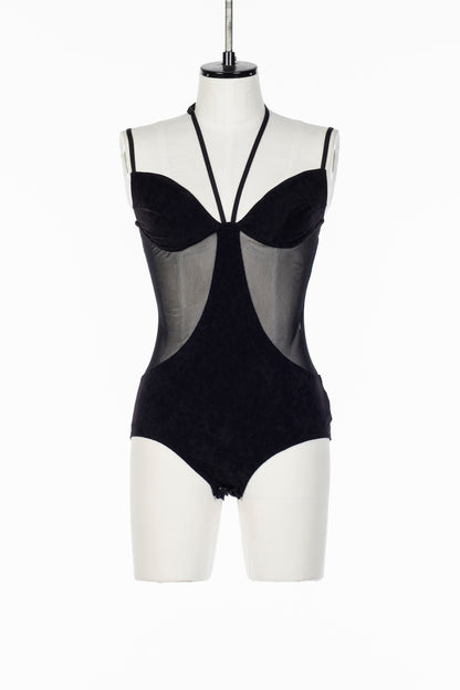 SHEER PANELED VELOUR BODYSUIT - FETICO