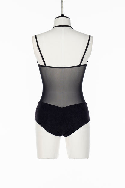 SHEER PANELED VELOUR BODYSUIT - FETICO