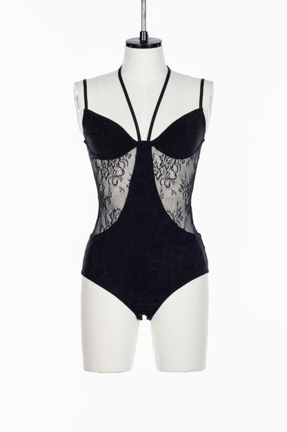 SHEER PANELED VELOUR BODYSUIT - FETICO