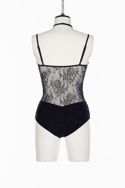 SHEER PANELED VELOUR BODYSUIT - FETICO