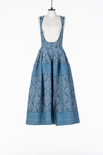 DAMASK PRINT PANELED DENIM DRESS - FETICO