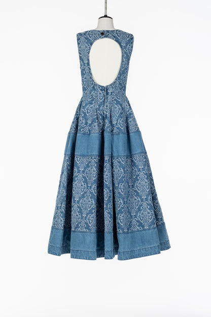 DAMASK PRINT PANELED DENIM DRESS - FETICO
