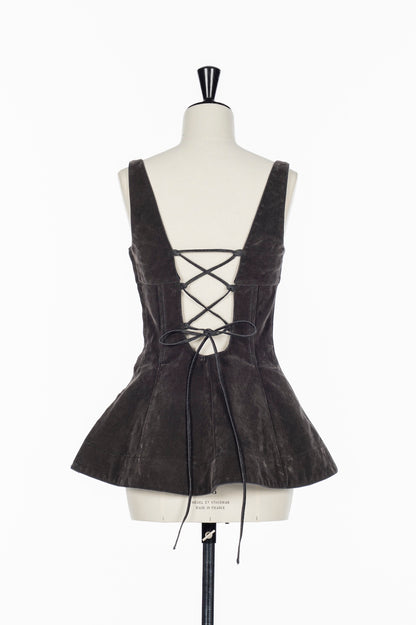 FLOCKED DENIM PEPLUM BUSTIER - FETICO