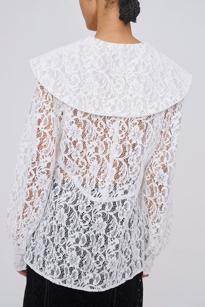 FLOCKED LACE SAILOR COLLAR BLOUSE - FETICO