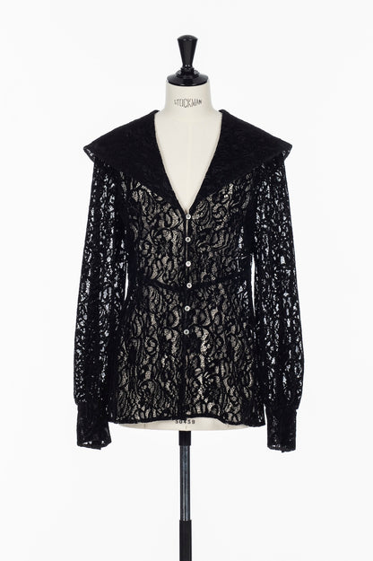 FLOCKED LACE SAILOR COLLAR BLOUSE - FETICO