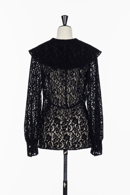 FLOCKED LACE SAILOR COLLAR BLOUSE - FETICO