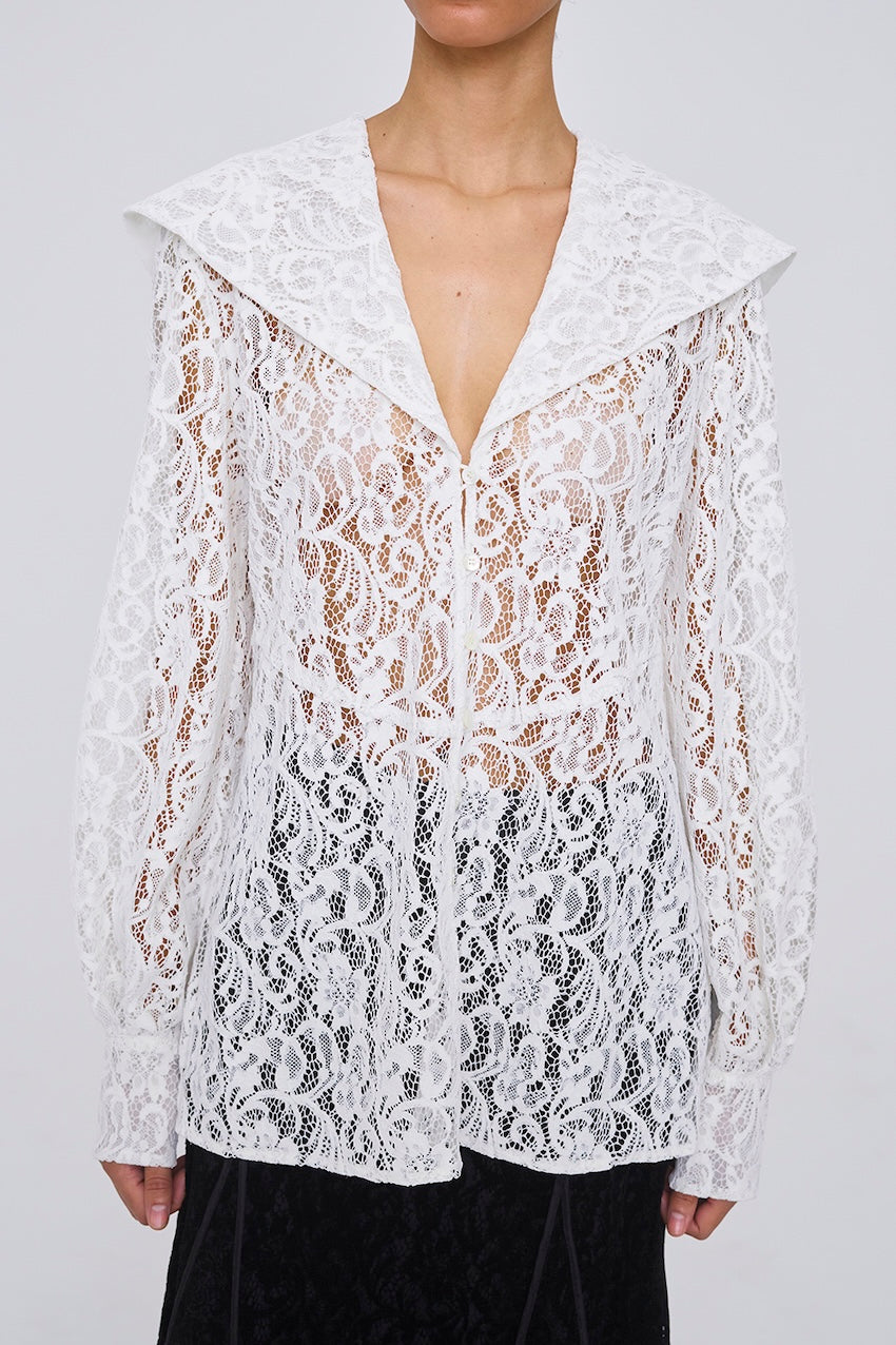 FLOCKED LACE SAILOR COLLAR BLOUSE - FETICO