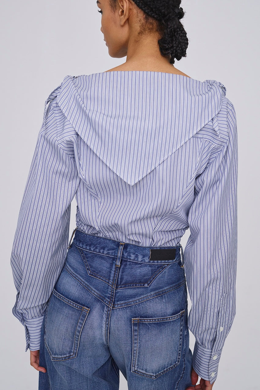 COTTON STRIPE SCARF COLLAR BLOUSE - FETICO