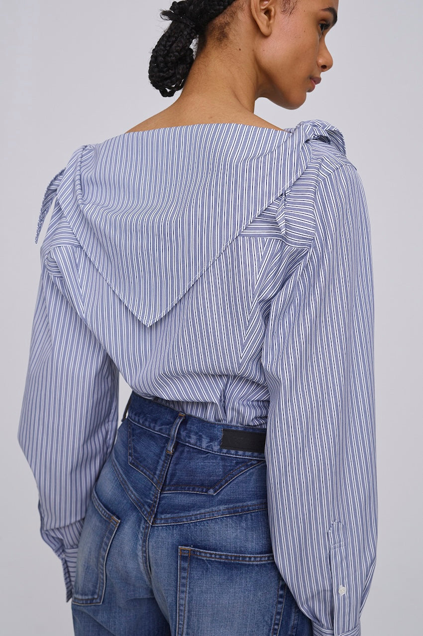 COTTON STRIPE SCARF COLLAR BLOUSE - FETICO