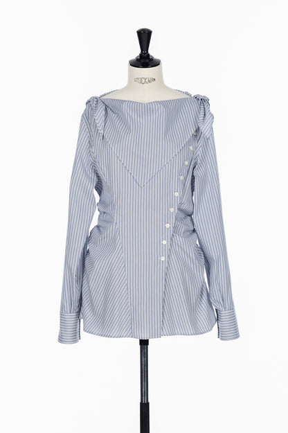COTTON STRIPE SCARF COLLAR BLOUSE - FETICO