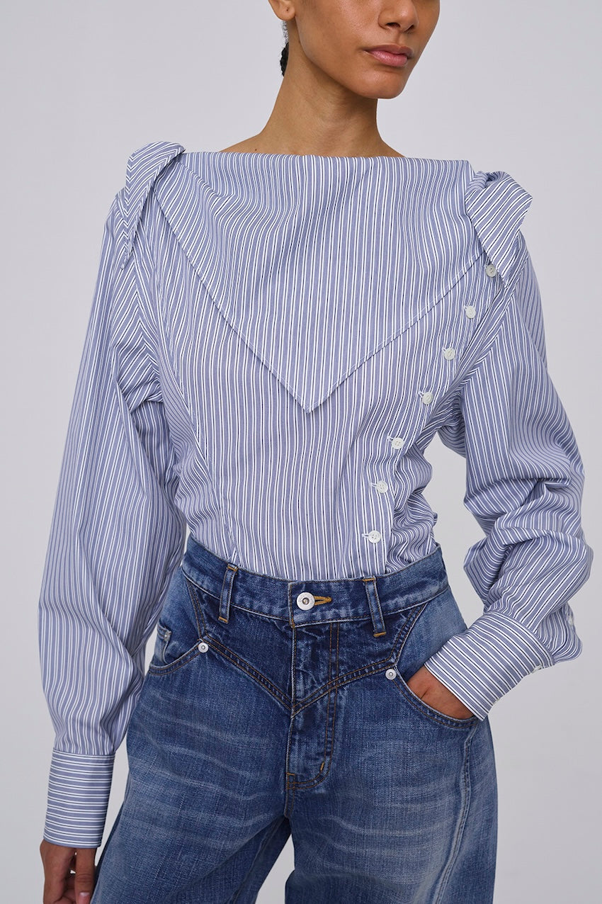 COTTON STRIPE SCARF COLLAR BLOUSE - FETICO