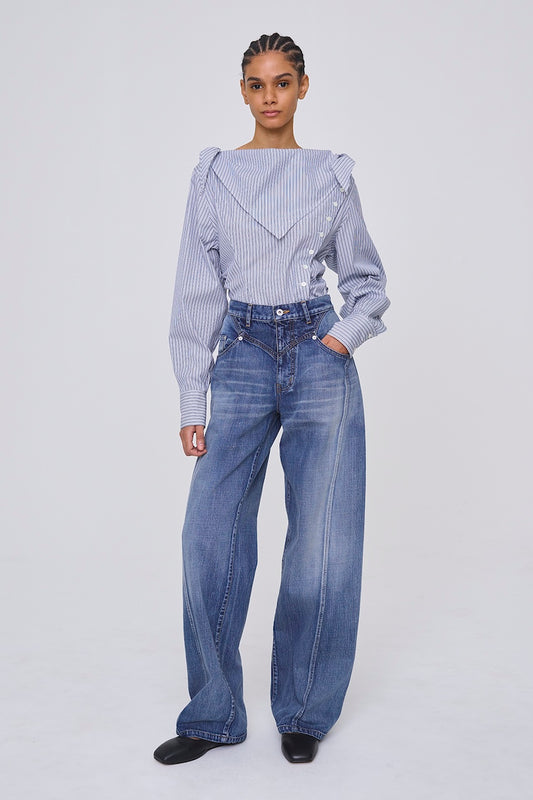 COTTON STRIPE SCARF COLLAR BLOUSE - FETICO