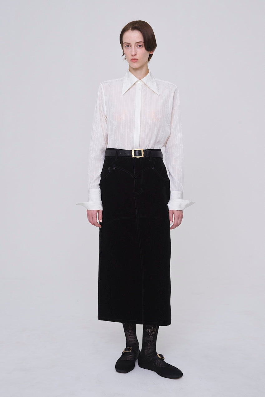 FLOCKED DENIM BACK FLARE SKIRT - FETICO
