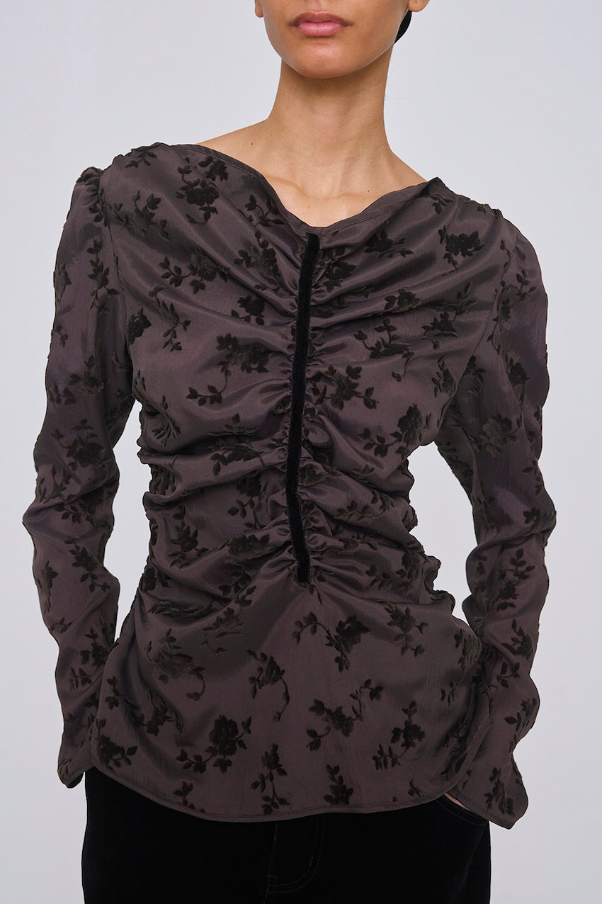 FLOCKED ROSE PRINT GATHERED BLOUSE - FETICO