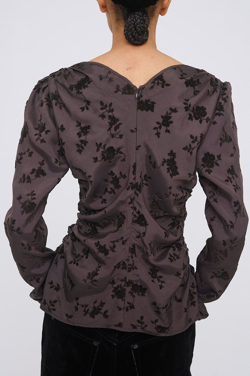 FLOCKED ROSE PRINT GATHERED BLOUSE - FETICO