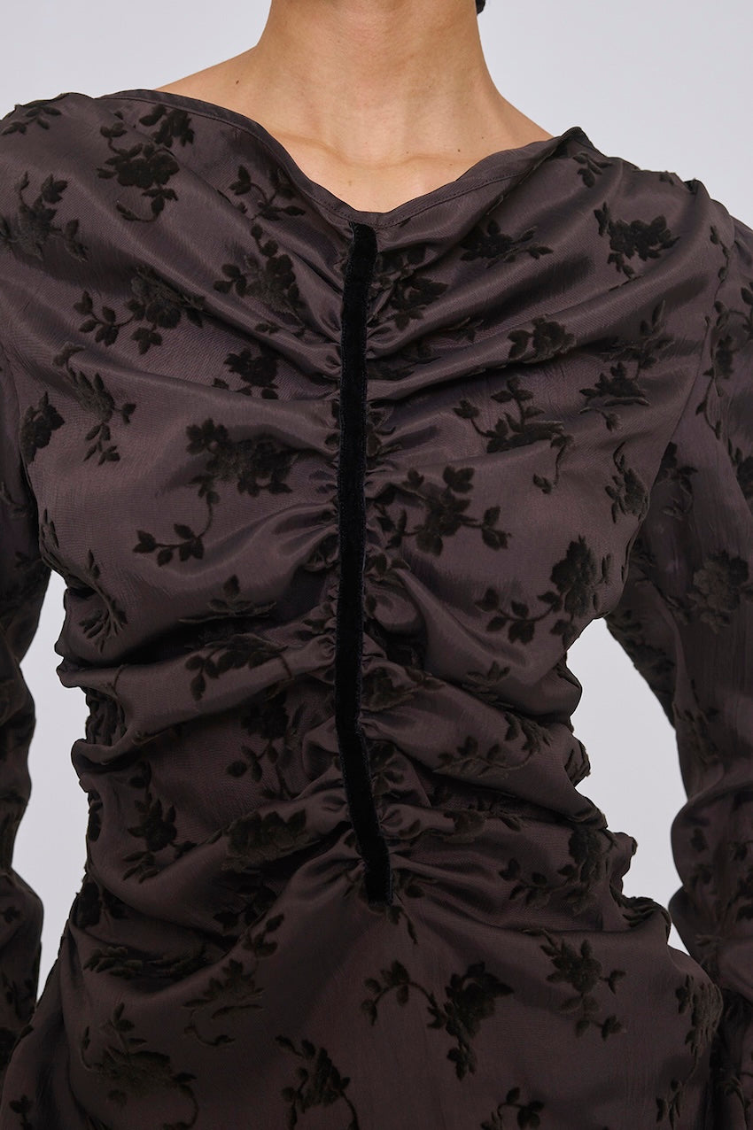 FLOCKED ROSE PRINT GATHERED BLOUSE - FETICO