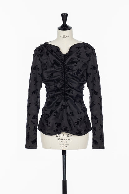 FLOCKED ROSE PRINT GATHERED BLOUSE - FETICO
