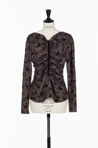 FLOCKED ROSE PRINT GATHERED BLOUSE - FETICO