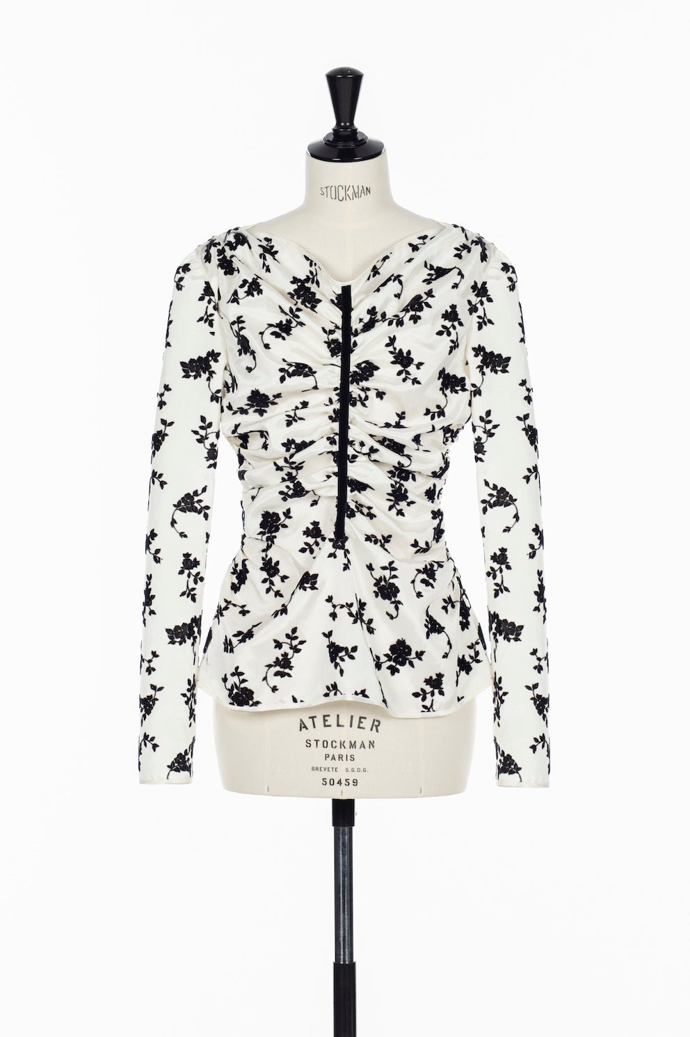 FLOCKED ROSE PRINT GATHERED BLOUSE - FETICO