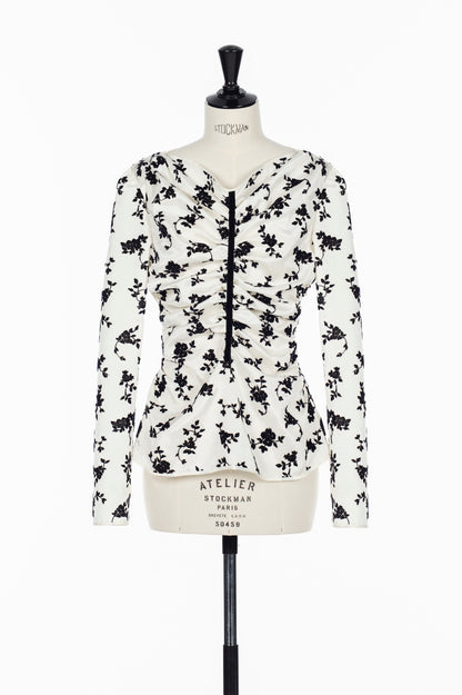 FLOCKED ROSE PRINT GATHERED BLOUSE - FETICO