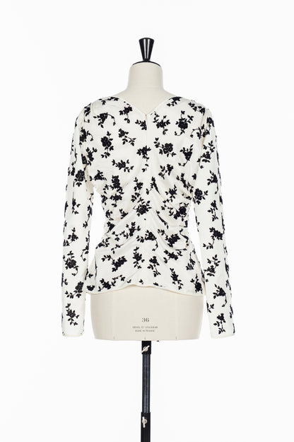 FLOCKED ROSE PRINT GATHERED BLOUSE - FETICO