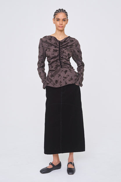 FLOCKED ROSE PRINT GATHERED BLOUSE - FETICO