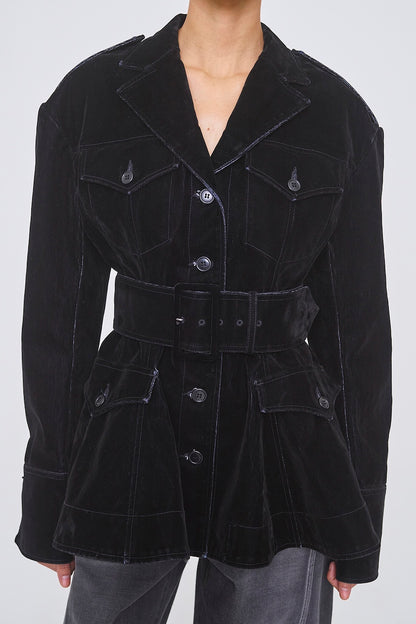 FLOCKED DENIM BELTED JACKET - FETICO