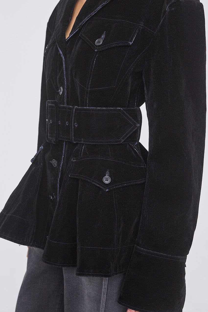 FLOCKED DENIM BELTED JACKET - FETICO