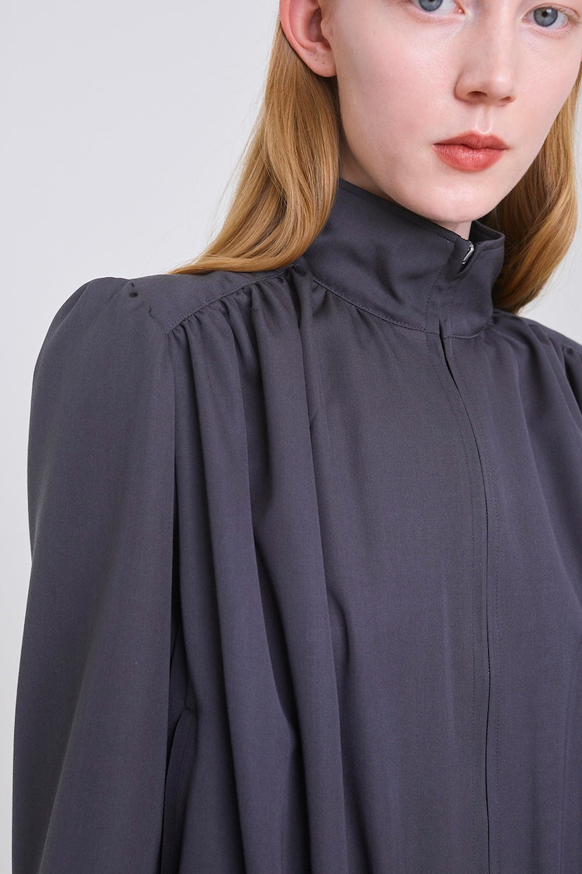 FINE WOOL SUITING GATHERED BELTED BLOUSON - FETICO