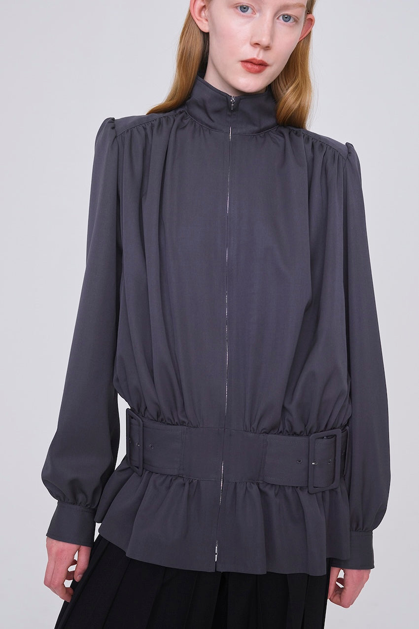 FINE WOOL SUITING GATHERED BELTED BLOUSON - FETICO