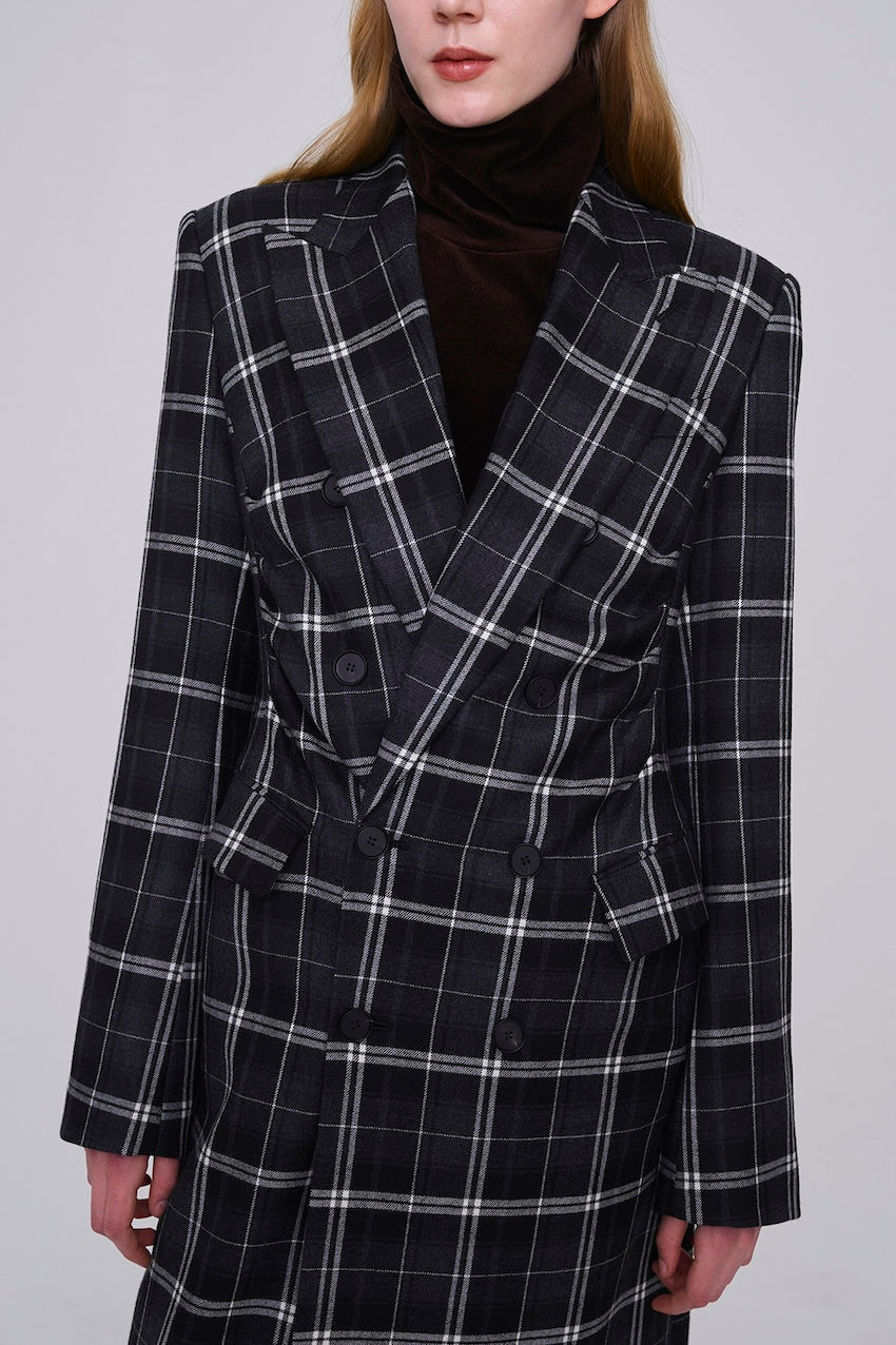 WOOL CHECK DOUBLE BREASTED COAT - FETICO