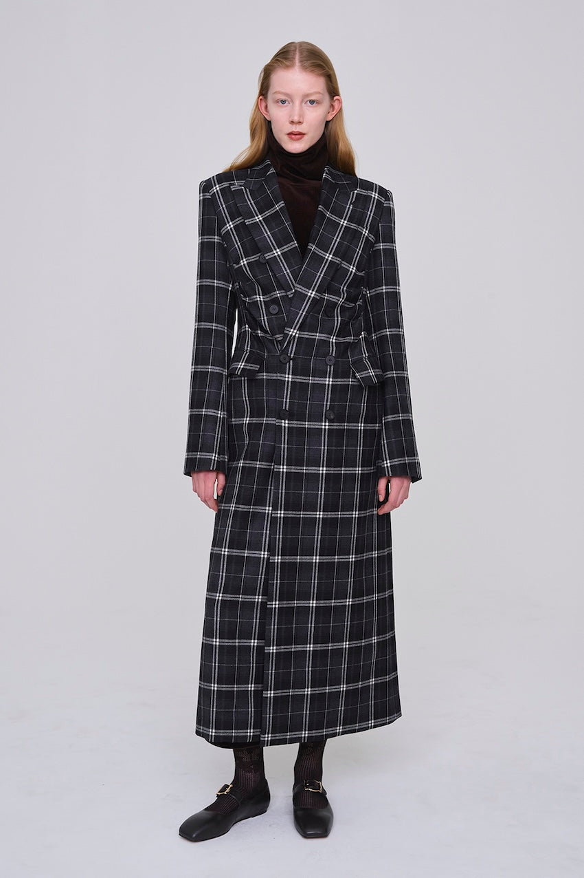WOOL CHECK DOUBLE BREASTED COAT - FETICO