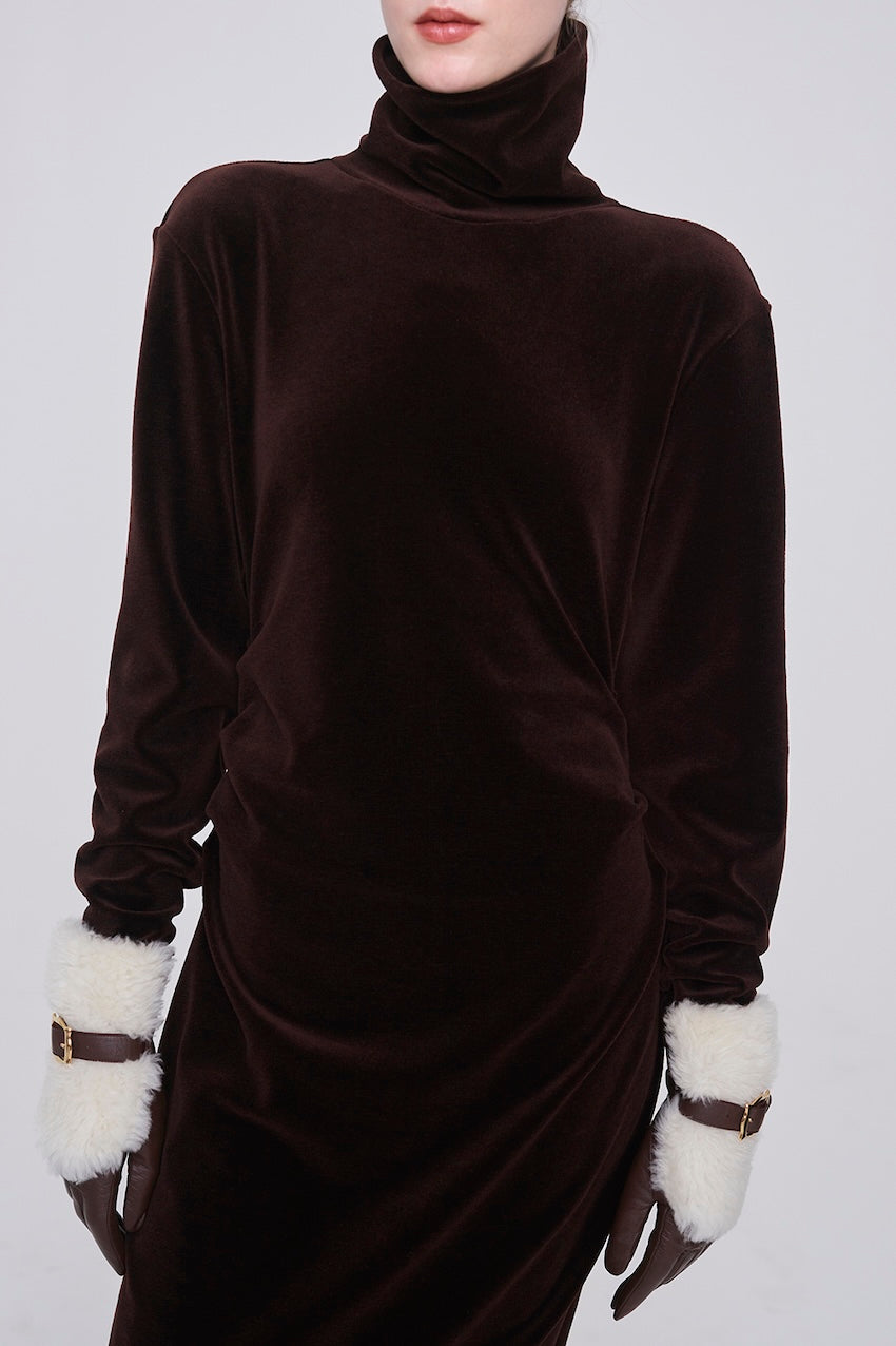 WOOL VELOUR DRAPED FIT DRESS - FETICO