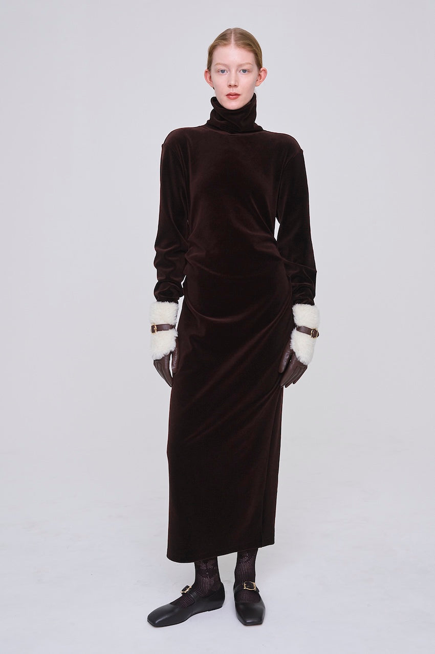 WOOL VELOUR DRAPED FIT DRESS - FETICO