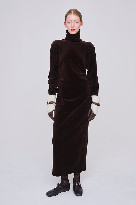 WOOL VELOUR DRAPED FIT DRESS - FETICO